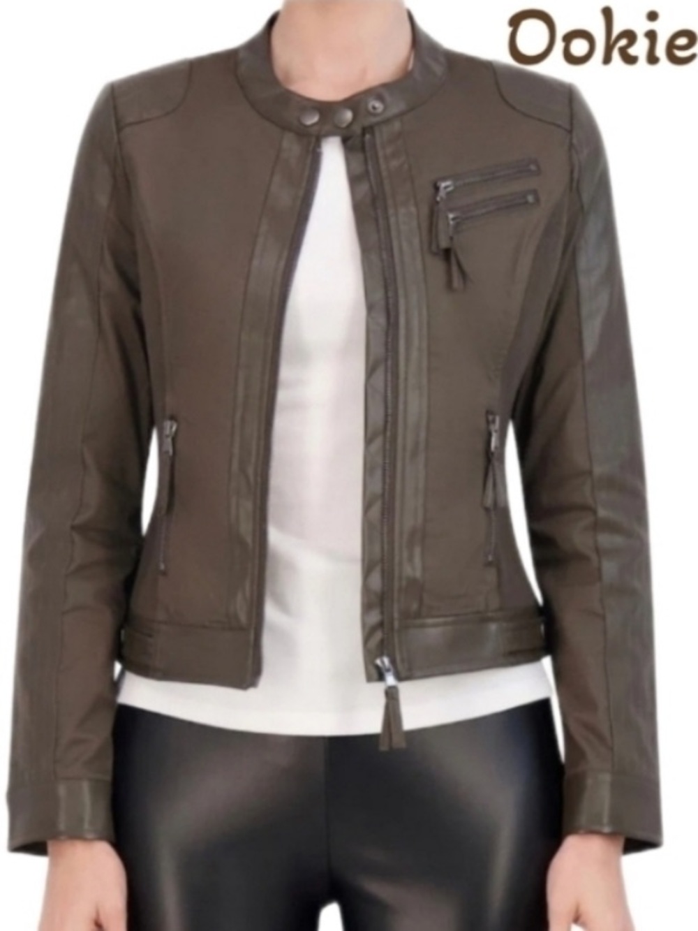 Ookie & Lala Womens Mixed Media Cotton & Brown Faux Leather Moto Jacket Sz XL